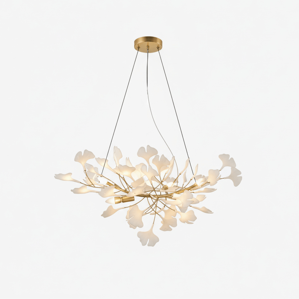 Porcelain ginkgo leaf linear chandelier by Moktan Sabai with flexible branches on Tampa Home & Garden Store