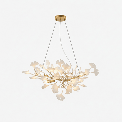 Porcelain ginkgo leaf linear chandelier by Moktan Sabai with flexible branches on Tampa Home & Garden Store