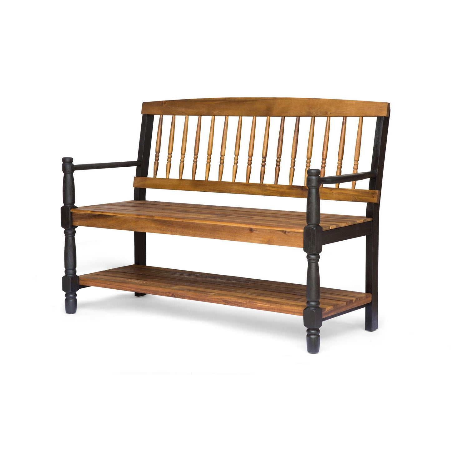 Slatted bench with built-in shelf, natural wood slats on black frame, HouseOfZazla on Tampa Home & Garden Store