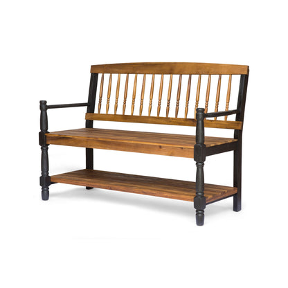 Slatted bench with built-in shelf, natural wood slats on black frame, HouseOfZazla on Tampa Home & Garden Store