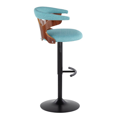 Contemporary adjustable swivel barstools pair with teal cushions, shell, black pedestal base on Tampa Home & Garden Store