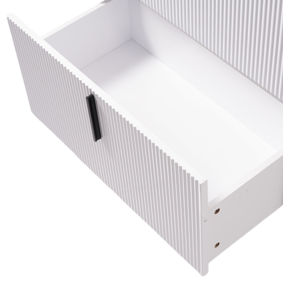 Bathroom vanity with fluted white cabinet panels and dark metal handle on Tampa Home & Garden Store