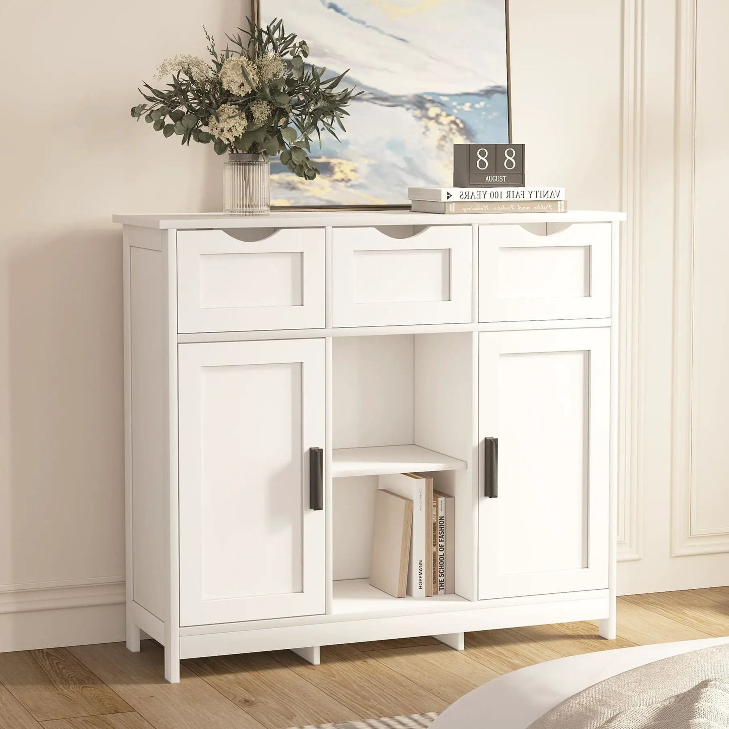 White wooden sideboard with drawers and shelves by Unique Piece Furniture on Tampa Home & Garden Store