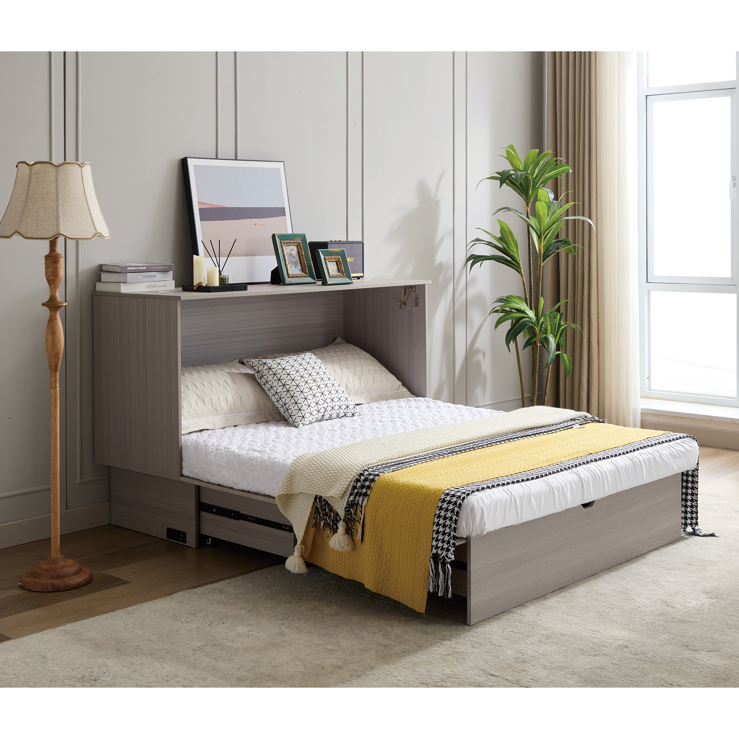 Cabinet bed with storage and foam mattress in gray wood finish, HouseOfZazla on Tampa Home & Garden Store