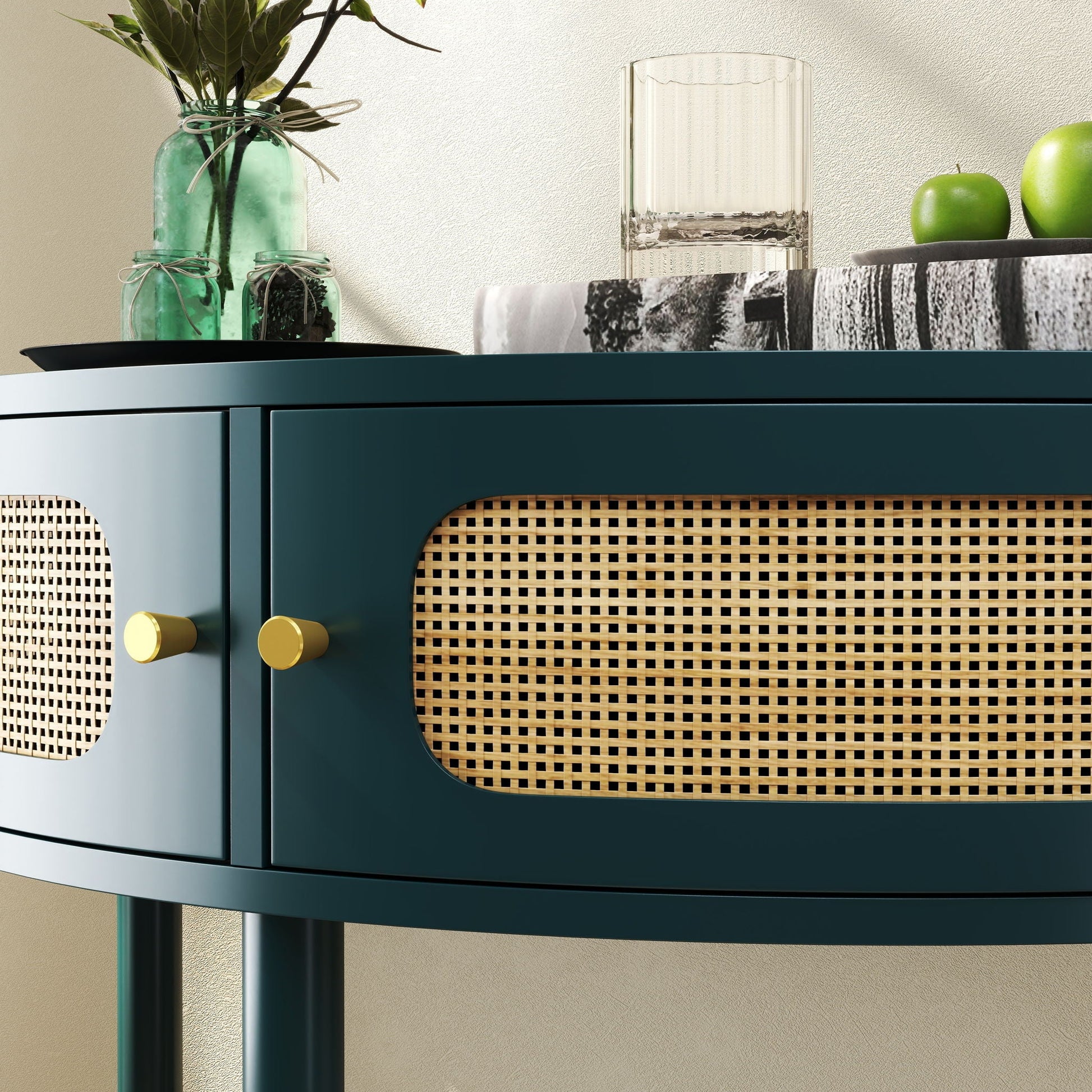 Boho rattan semi-circle end table with sliding door, teal finish and bottom shelf on Tampa Home & Garden Store