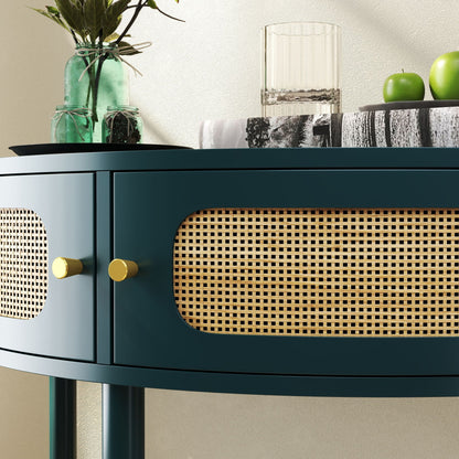 Boho rattan semi-circle end table with sliding door, teal finish and bottom shelf on Tampa Home & Garden Store