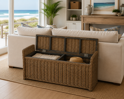 Key Largo Rattan Storage Bench natural brown with hinged lid and 3-section storage on Tampa Home & Garden Store