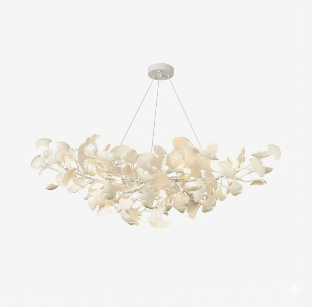 Chandelier Porcelain Ginkgo Leaf Linear with flexible branches, Moktan Sabai dining light on Tampa Home & Garden Store
