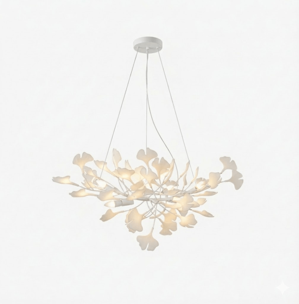 Chandelier Moktan Sabai porcelain ginkgo leaf linear with flexible branches dining light on Tampa Home & Garden Store