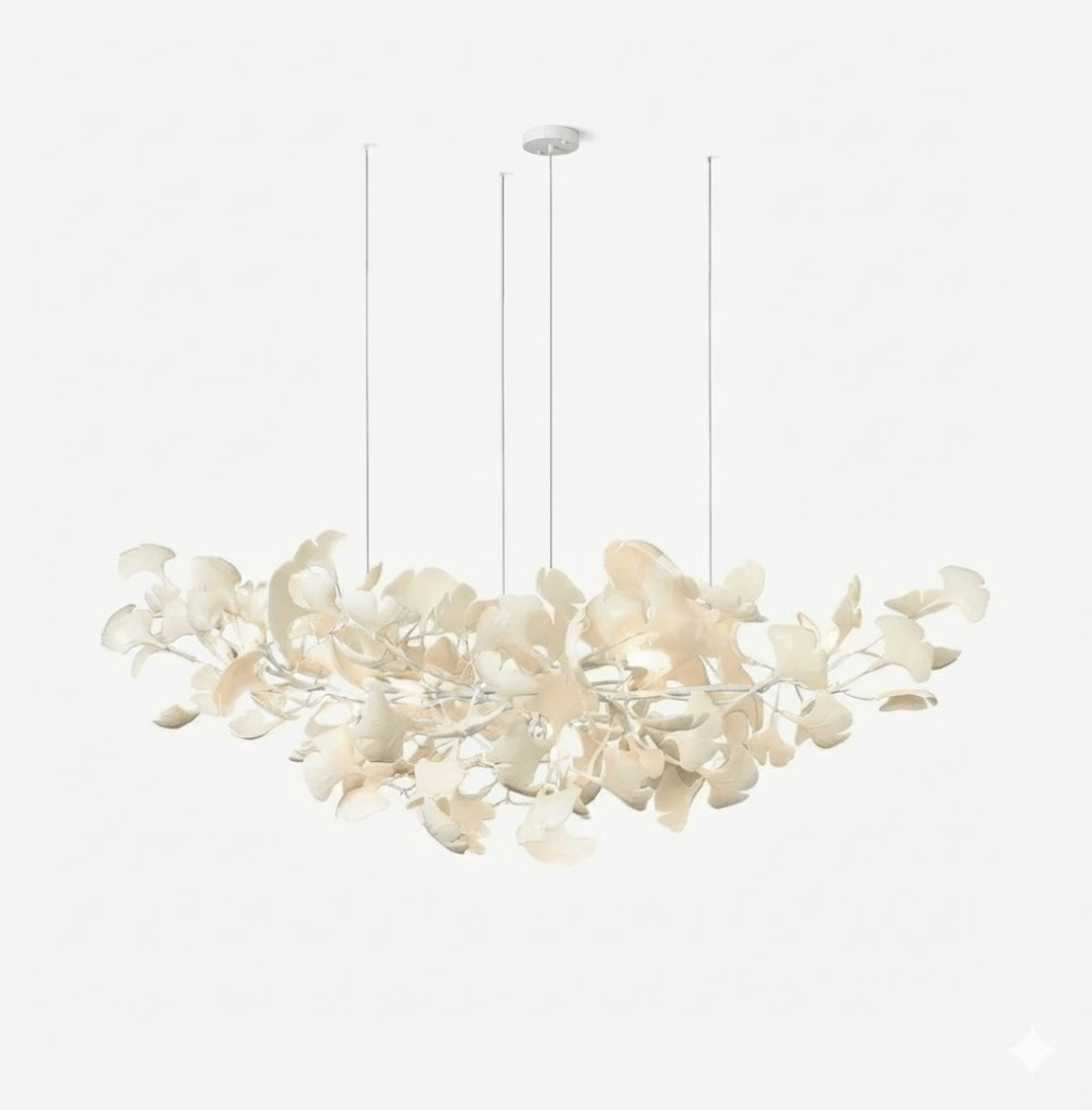 Porcelain Ginkgo Leaf Linear Chandelier with Branches, cream leaves by Moktan Sabai on Tampa Home & Garden Store