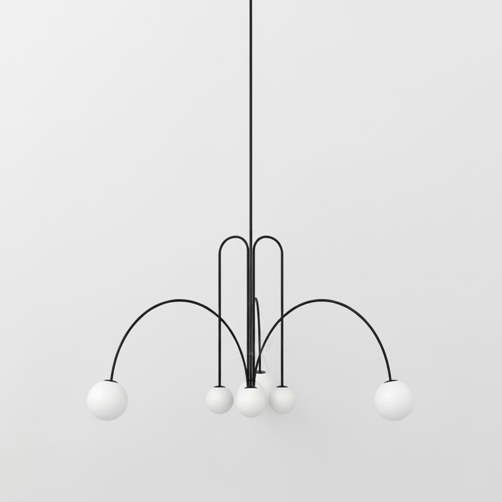 Globella 6-head pendant chandelier with black metal arms and white glass globes, adjustable drop on Tampa Home & Garden Store