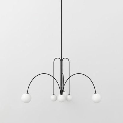 Globella 6-head pendant chandelier with black metal arms and white glass globes, adjustable drop on Tampa Home & Garden Store