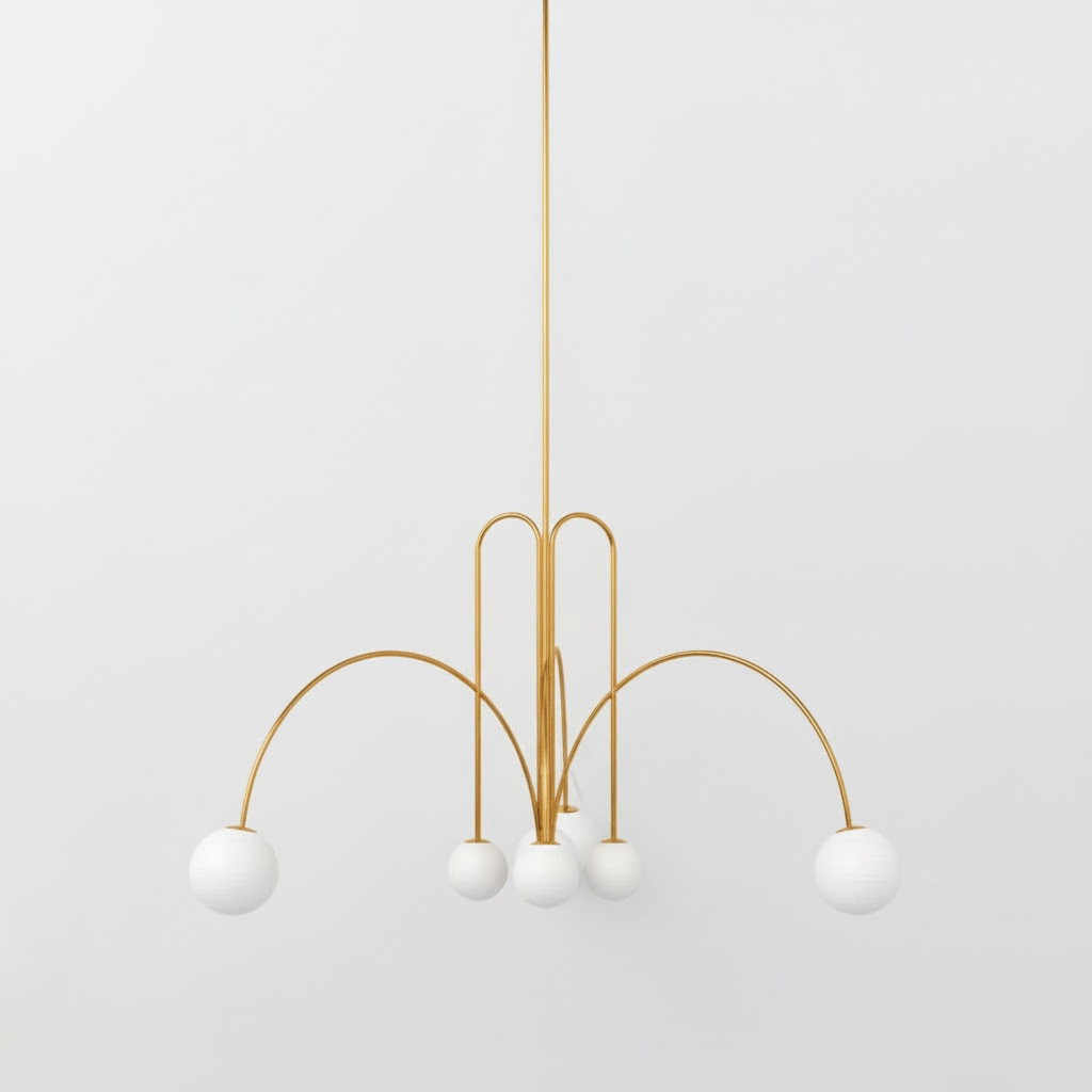 Chandelier Globella 6-head pendant with gold arcing arms and white glass globes Moktan Sabai on Tampa Home & Garden Store