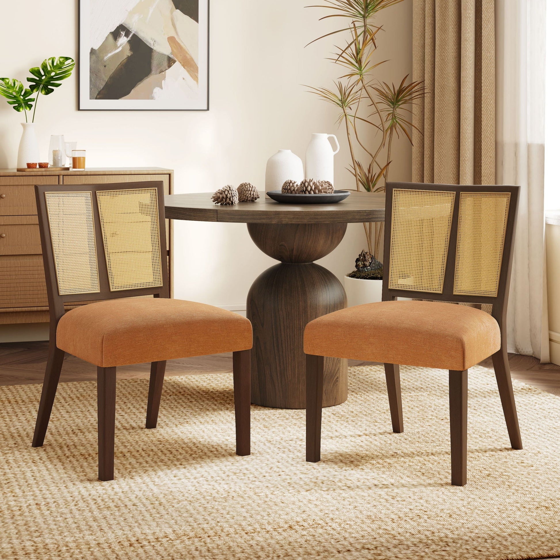 Mid Century Rattan Dining Chair Without Arms set of 4 with caned backs and orange cushions on Tampa Home & Garden Store