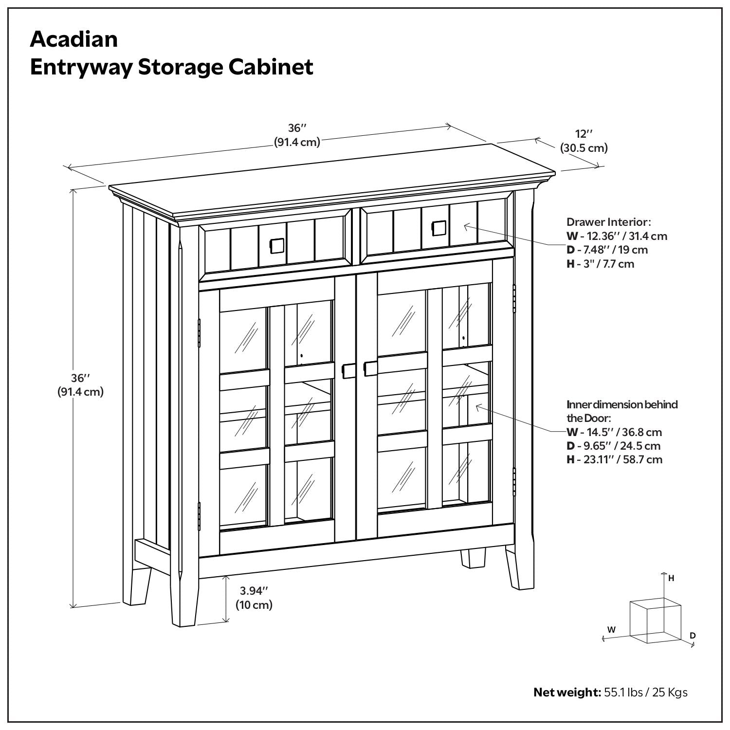Acadian handcrafted entryway storage cabinet with glass-front doors and top drawers on Tampa Home & Garden Store
