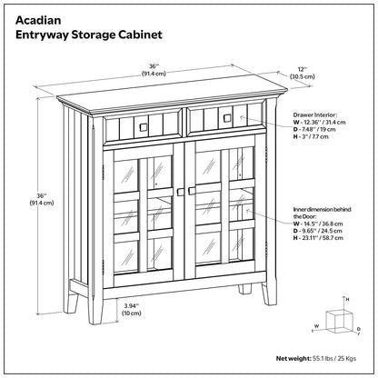 Acadian handcrafted entryway storage cabinet with glass-front doors and top drawers on Tampa Home & Garden Store