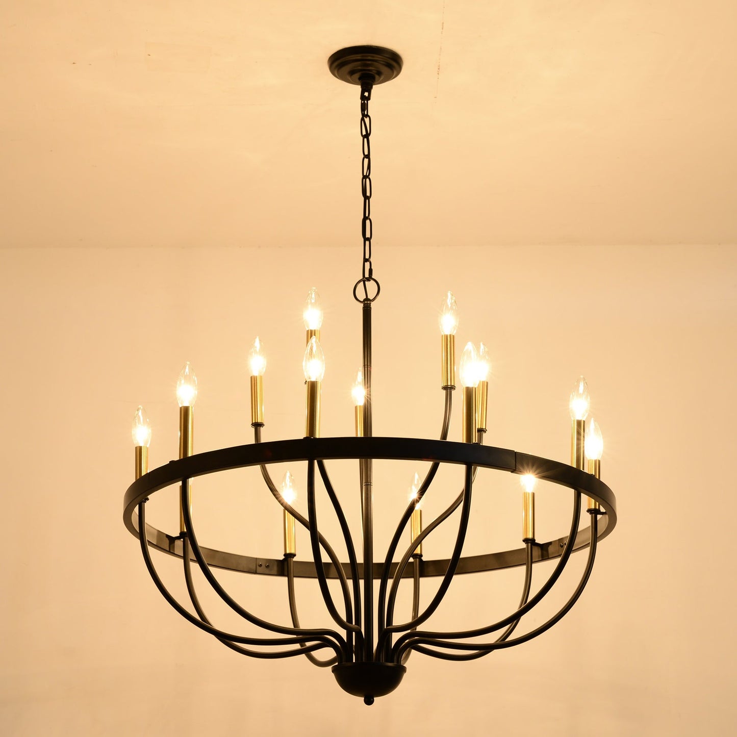 15-Light Industrial Iron Candle Chandelier in black metal with candle bulbs and chain on Tampa Home & Garden Store