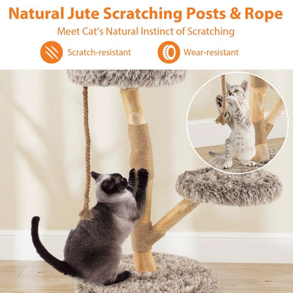 Modern Wooden Cat Tree With Perch and Jute Posts