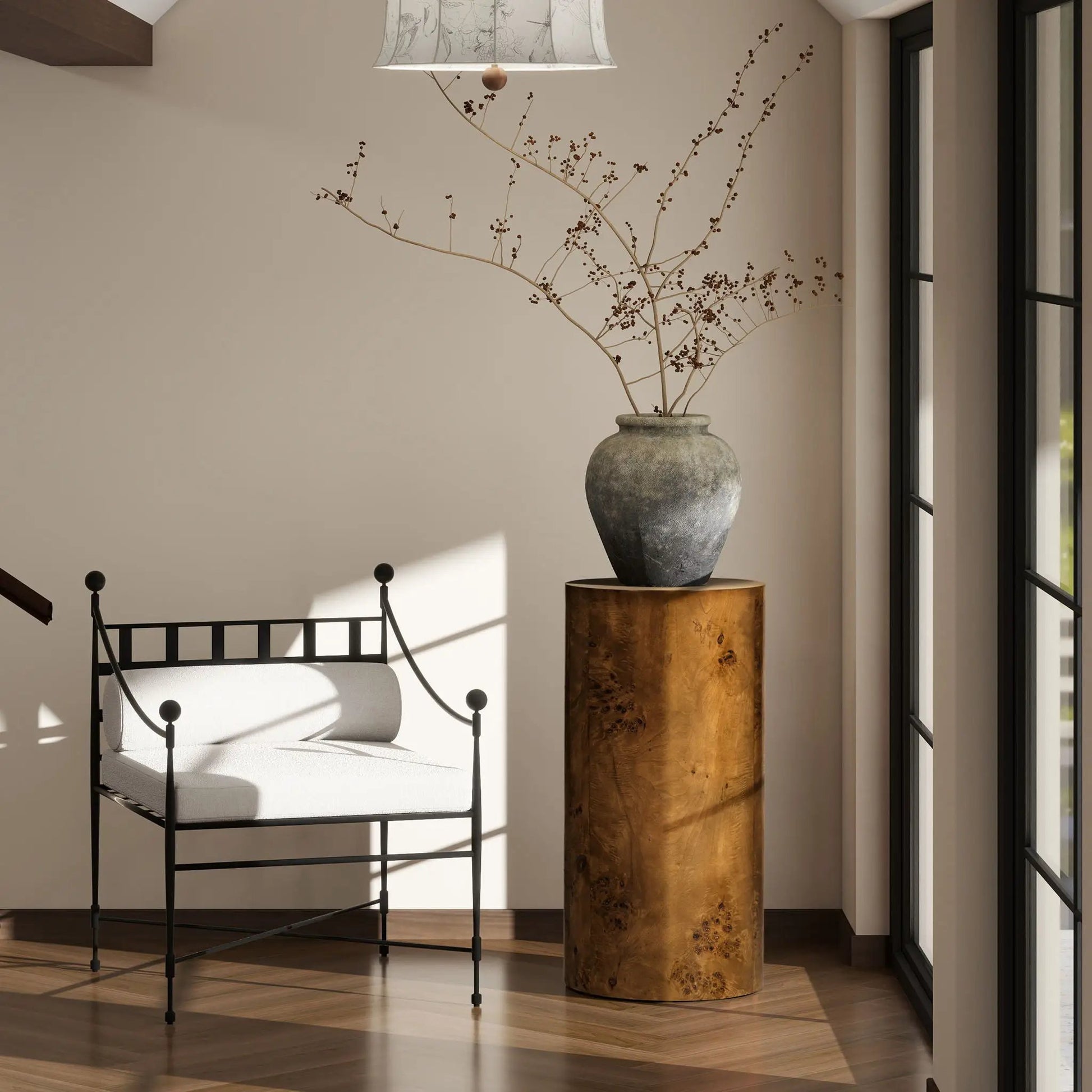Nebula Accent Pillar Side Table with burlwood pedestal and ceramic vase with dried branches on Tampa Home & Garden Store