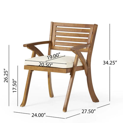 Outdoor acacia wood dining chair with cream cushion and handwoven rattan legs on Tampa Home & Garden Store