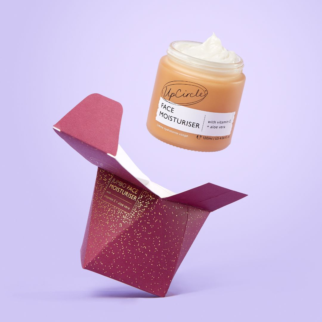UpCircle Jumbo face moisturiser jar with vitamin E and aloe vera on burgundy gift box on Tampa Home & Garden Store