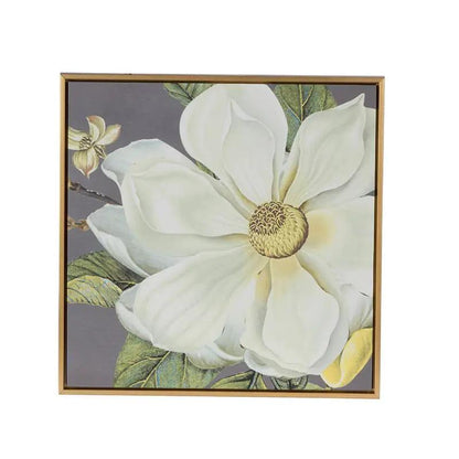 Framed botanical wall art print featuring white magnolia on gray with gold frame set of 4 on Tampa Home & Garden Store