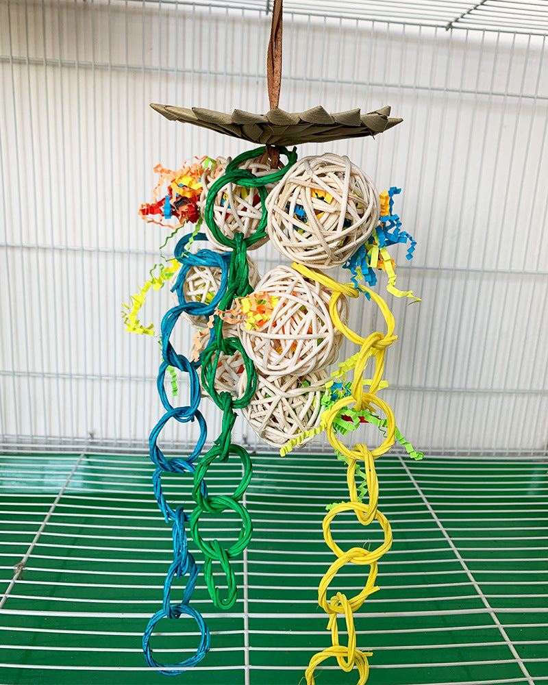 Parrot Palm Brushed Educational Toys bird toy with white woven balls and colorful chains on Tampa Home & Garden Store