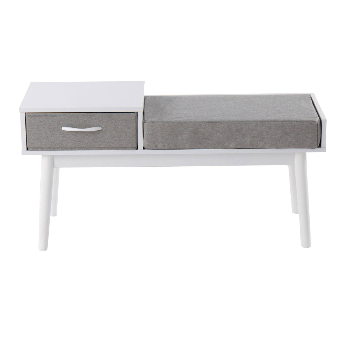Contemporary upholstered bench with pull-out drawer, white frame and gray cushions, long seat on Tampa Home & Garden Store