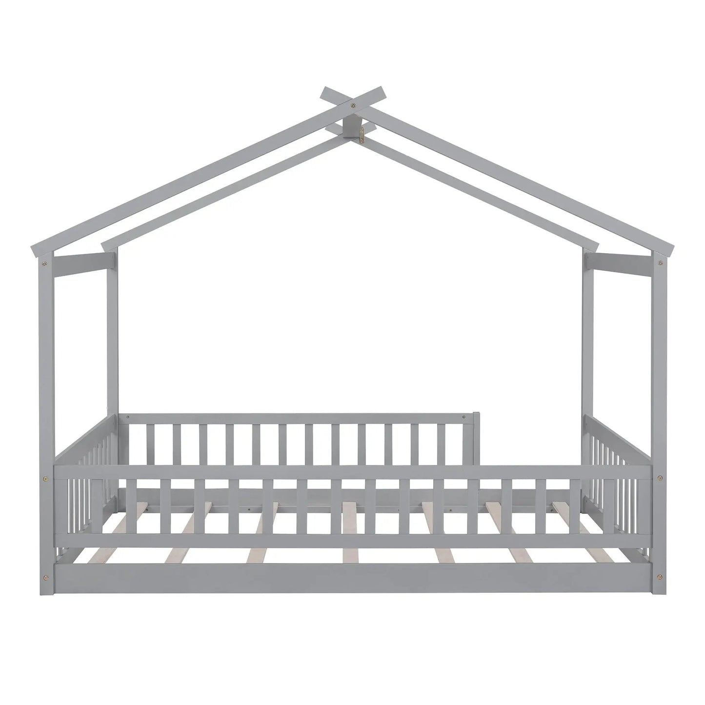Bed House Bed Frame With Fence, gray metal canopy bed frame with roof supports and slats on Tampa Home & Garden Store