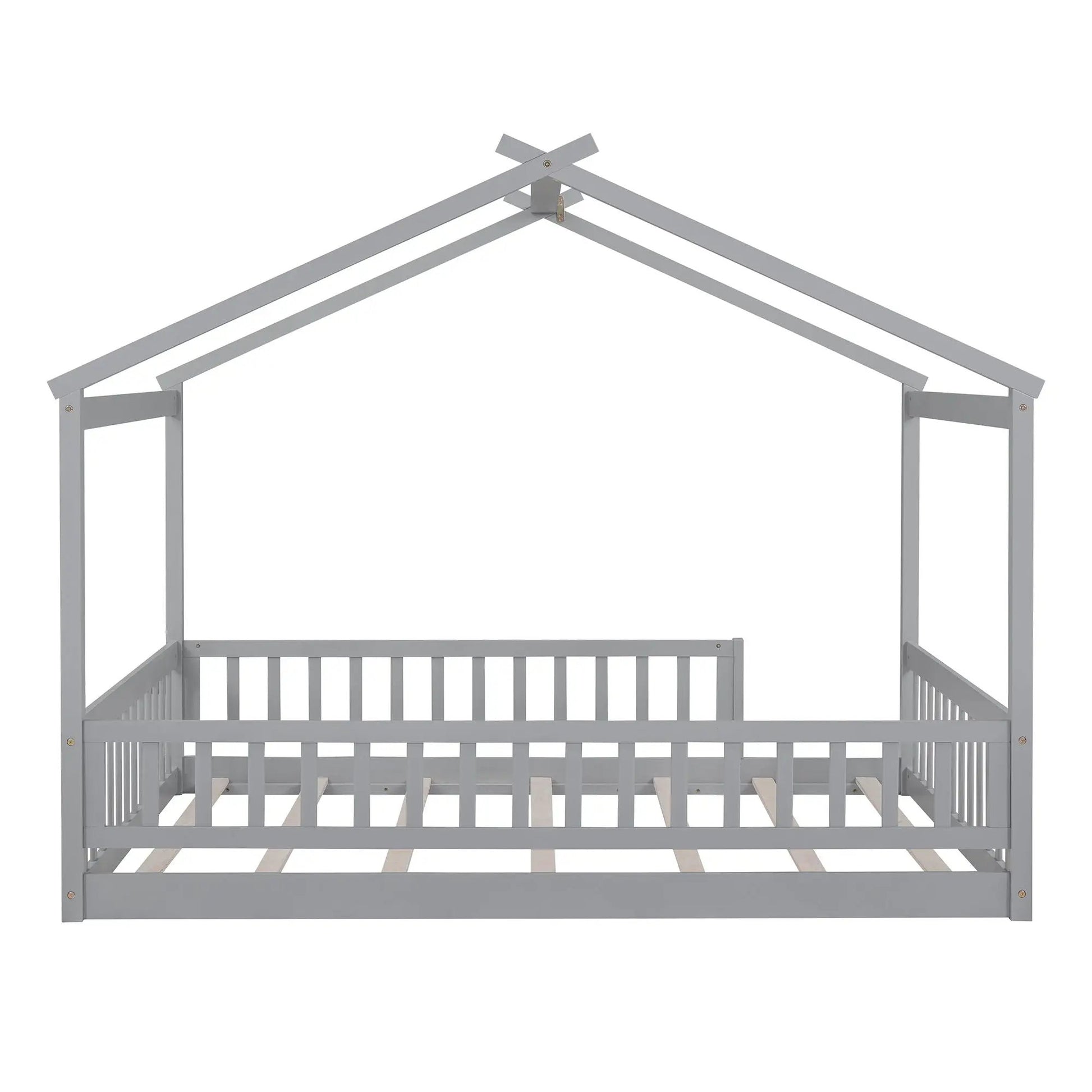 Bed House Bed Frame With Fence, gray metal canopy bed frame with roof supports and slats on Tampa Home & Garden Store