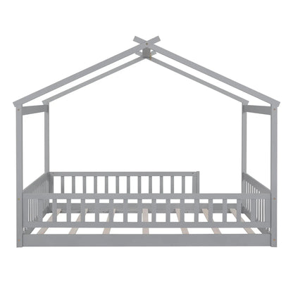 Bed House Bed Frame With Fence, gray metal canopy bed frame with roof supports and slats on Tampa Home & Garden Store