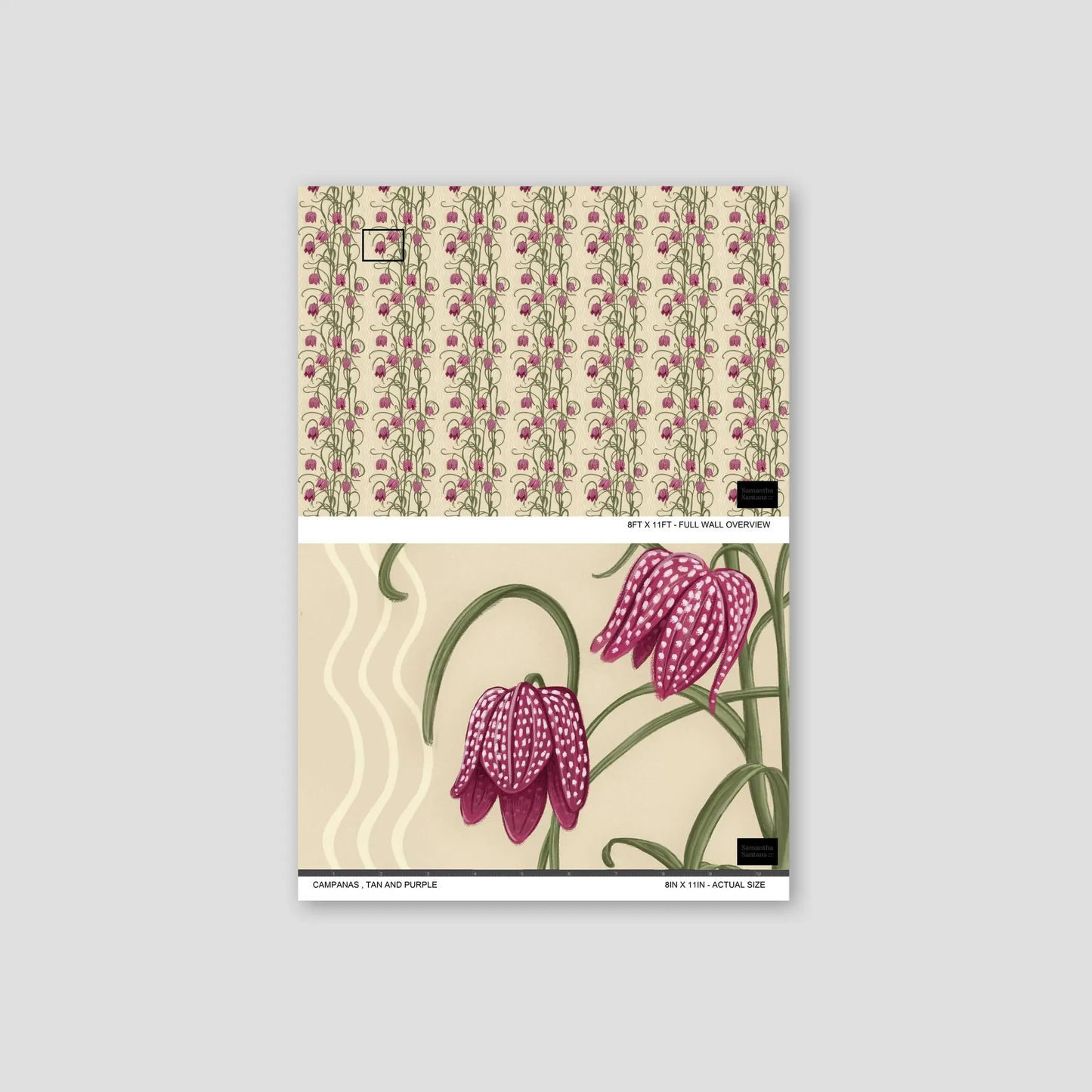 Campanas wallpaper tan and purple floral pattern by Samantha Santana Creative on Tampa Home & Garden Store