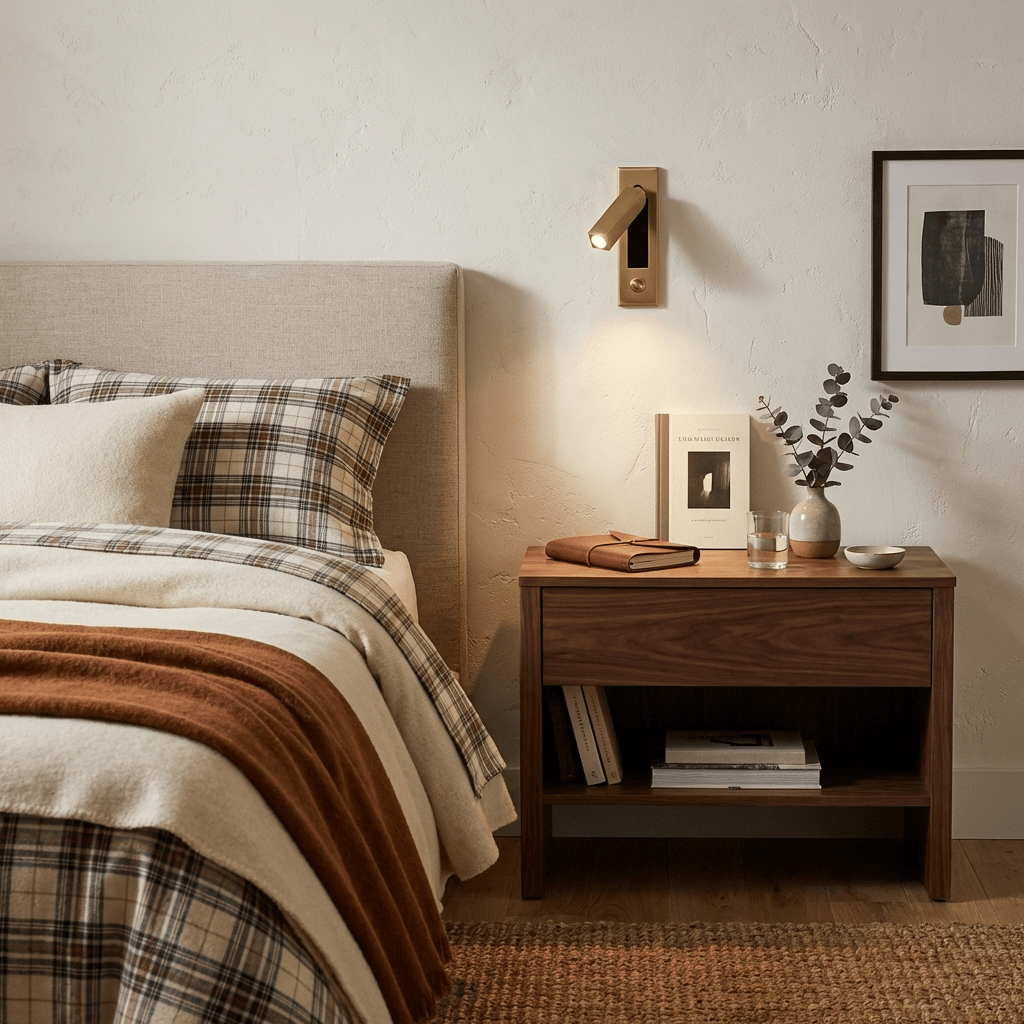 Bedside wall sconce in brass finish with warm LED, recessed folding design above nightstand on Tampa Home & Garden Store