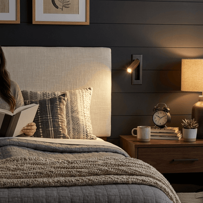 Moktan Sabai recessed folding bedside wall sconce with warm LED, black metal, flush mount on Tampa Home & Garden Store