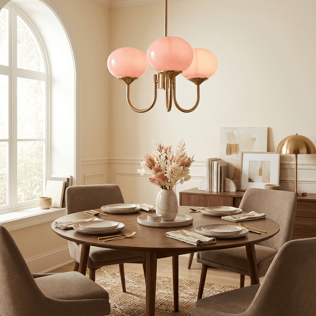 Chandelier Marshmallow by Moktan Sabai with three hand-sprayed pink glass bubbles on Tampa Home & Garden Store