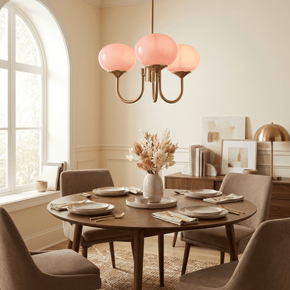 Chandelier Marshmallow by Moktan Sabai with three hand-sprayed pink glass bubbles on Tampa Home & Garden Store