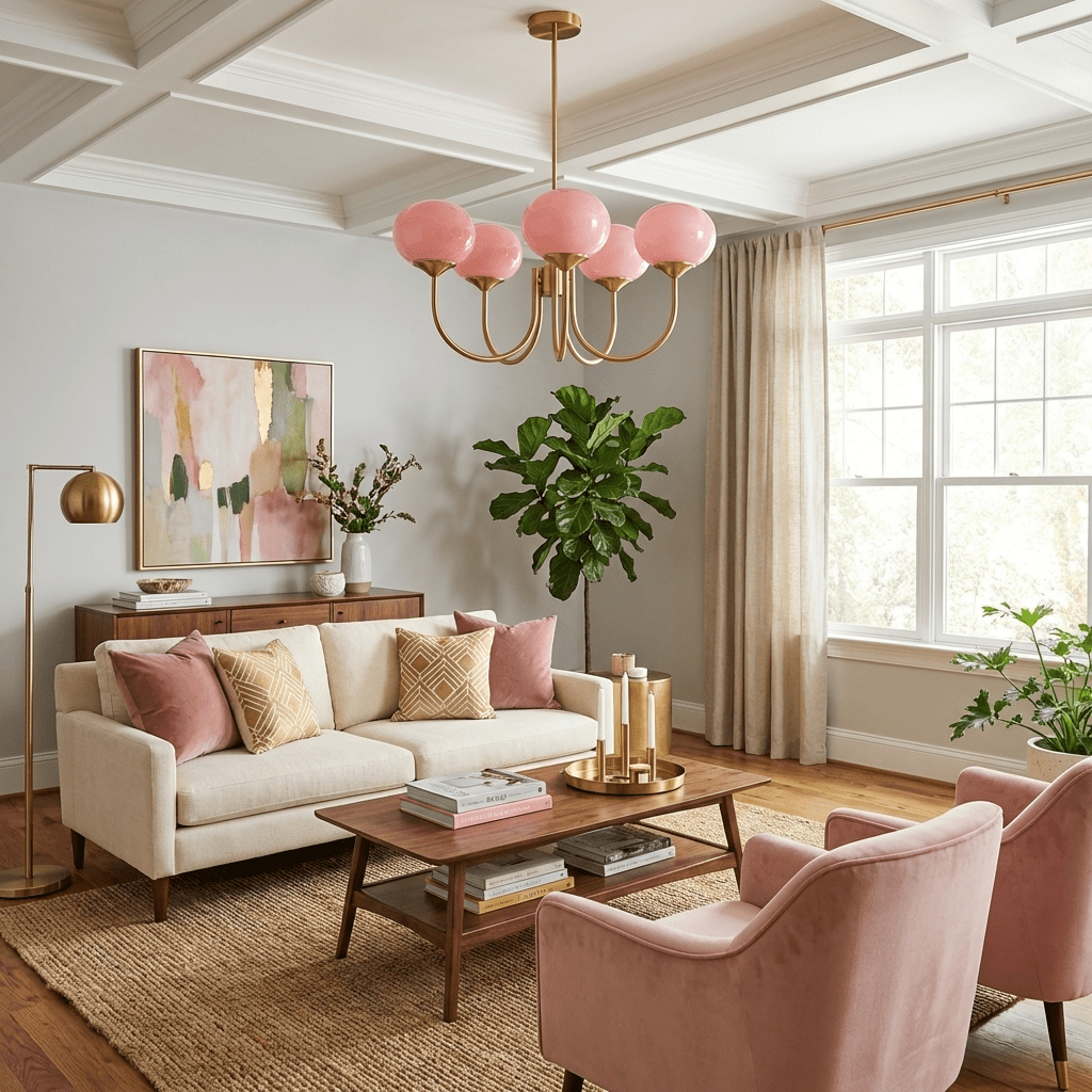 Chandelier Moktan Sabai Marshmallow with hand-sprayed pink glass bubble shades on Tampa Home & Garden Store