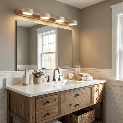 Travertine stone wall sconces with dimmable LED 4 on wood backplate over mirror on Tampa Home & Garden Store