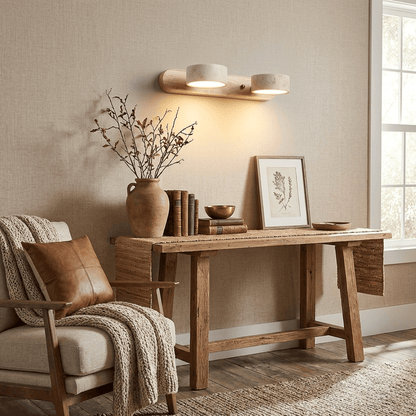Travertine stone wall sconce with dimmable LED and natural wood accent, two cylindrical lights on Tampa Home & Garden Store