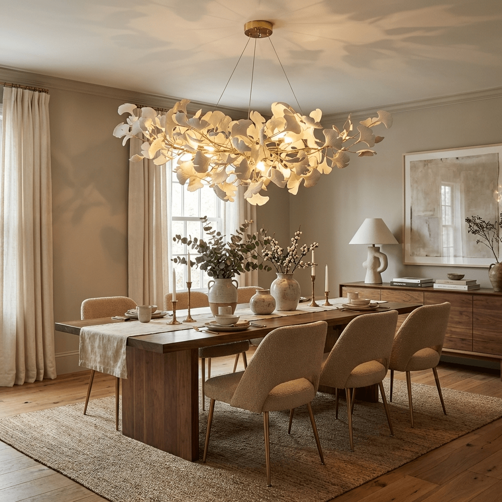 Porcelain Ginkgo Leaf Linear Chandelier white leaves dining table light on Tampa Home & Garden Store