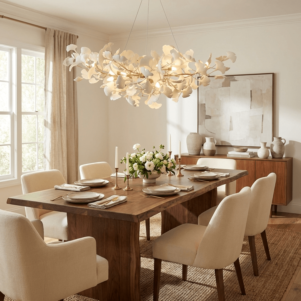 Chandelier Moktan Sabai porcelain ginkgo leaf linear with flexible branches over a dining table on Tampa Home & Garden Store