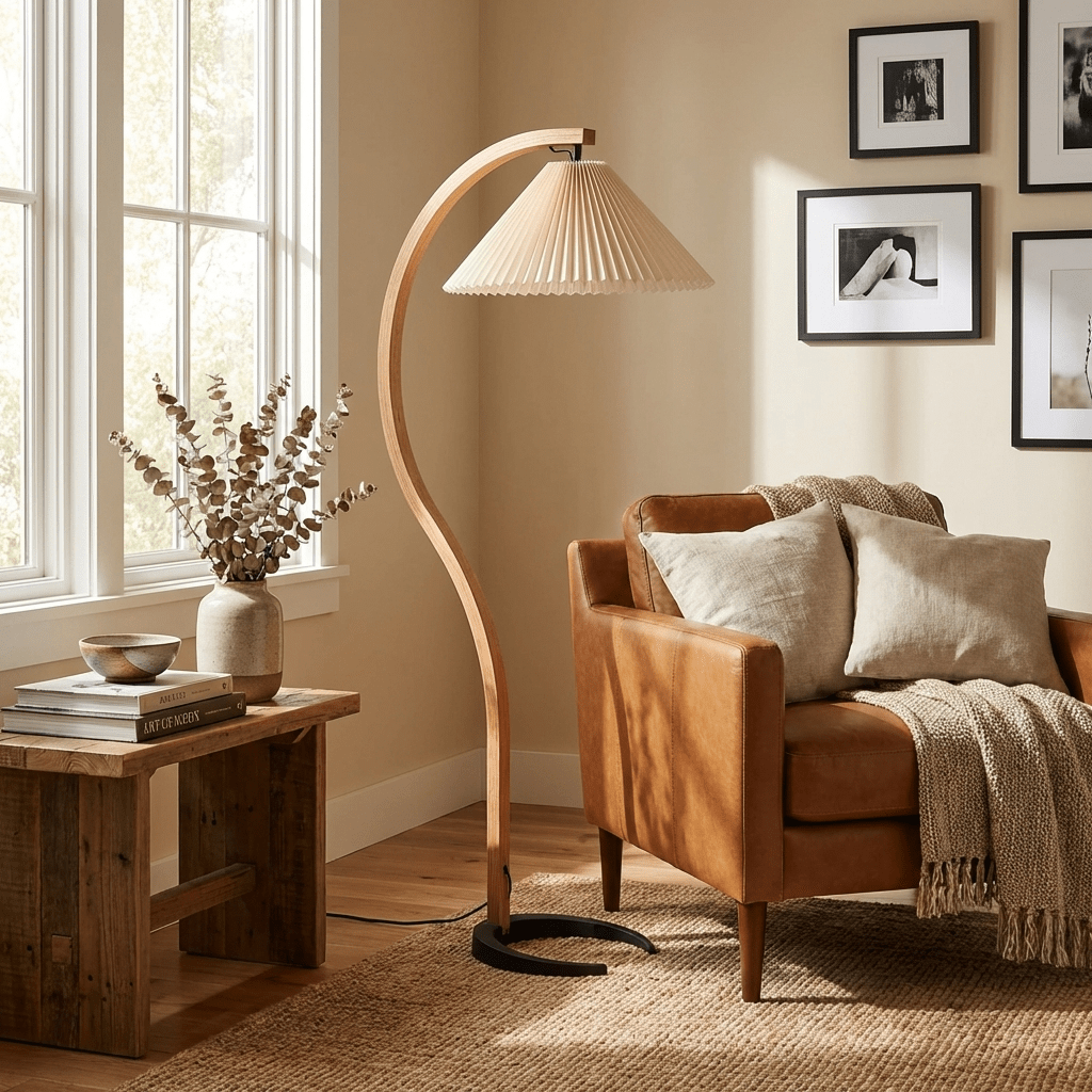 Arbora Arc floor lamp in natural beech wood with pleated shade by Moktan Sabai for living room on Tampa Home & Garden Store