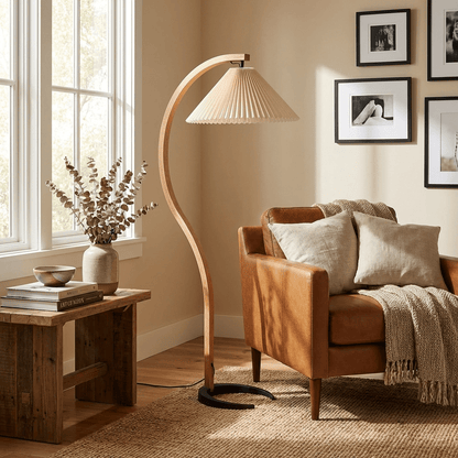 Arbora Arc floor lamp in natural beech wood with pleated shade by Moktan Sabai for living room on Tampa Home & Garden Store
