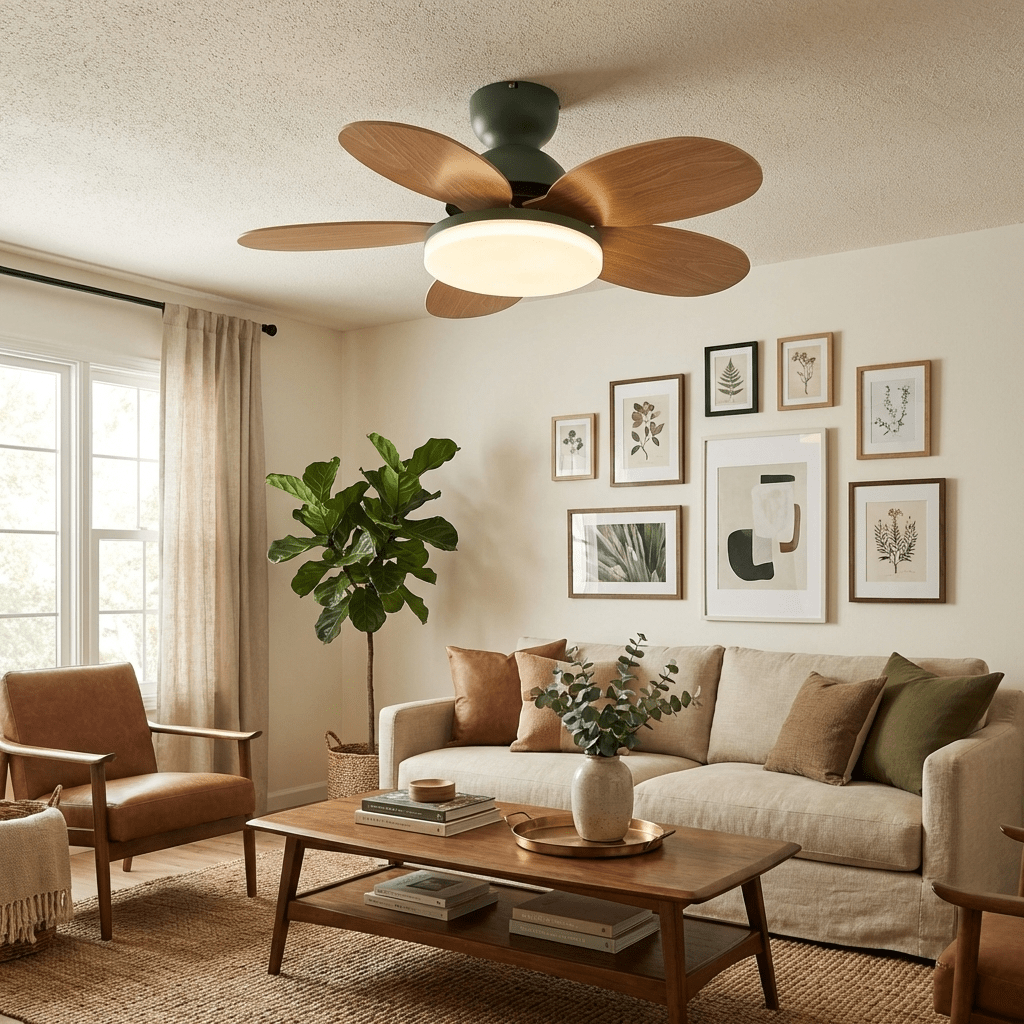 Petal-Shaped Ceiling Fan with LED by Moktan Sabai, green motor, wood blades on Tampa Home & Garden Store