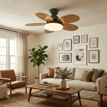 Petal-Shaped Ceiling Fan with LED by Moktan Sabai, green motor, wood blades on Tampa Home & Garden Store