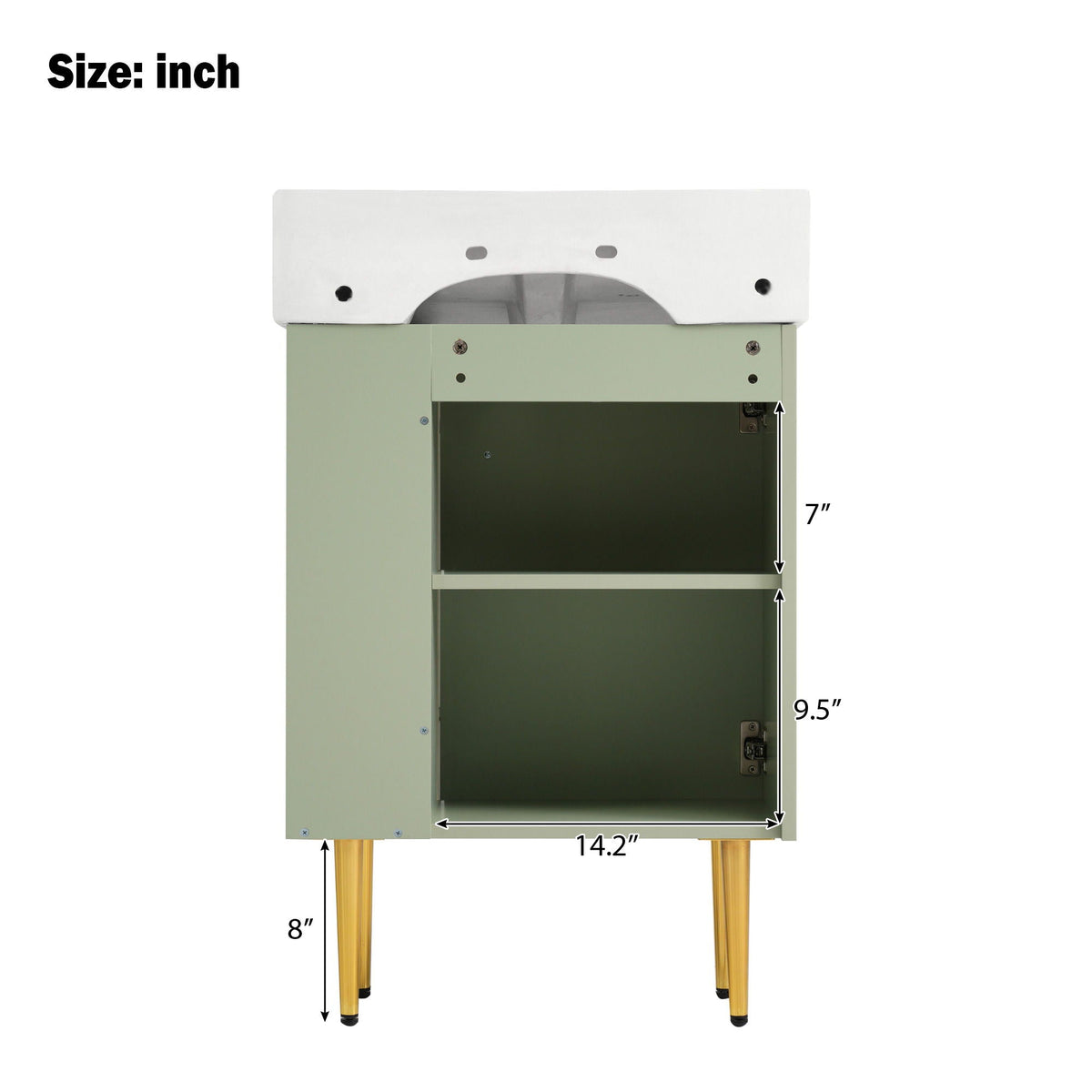 Bathroom vanity with single ceramic sink, pale green cabinet, side storage, wood legs on Tampa Home & Garden Store