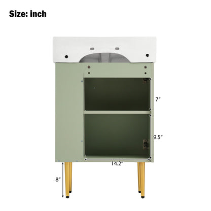 Bathroom vanity with single ceramic sink, pale green cabinet, side storage, wood legs on Tampa Home & Garden Store