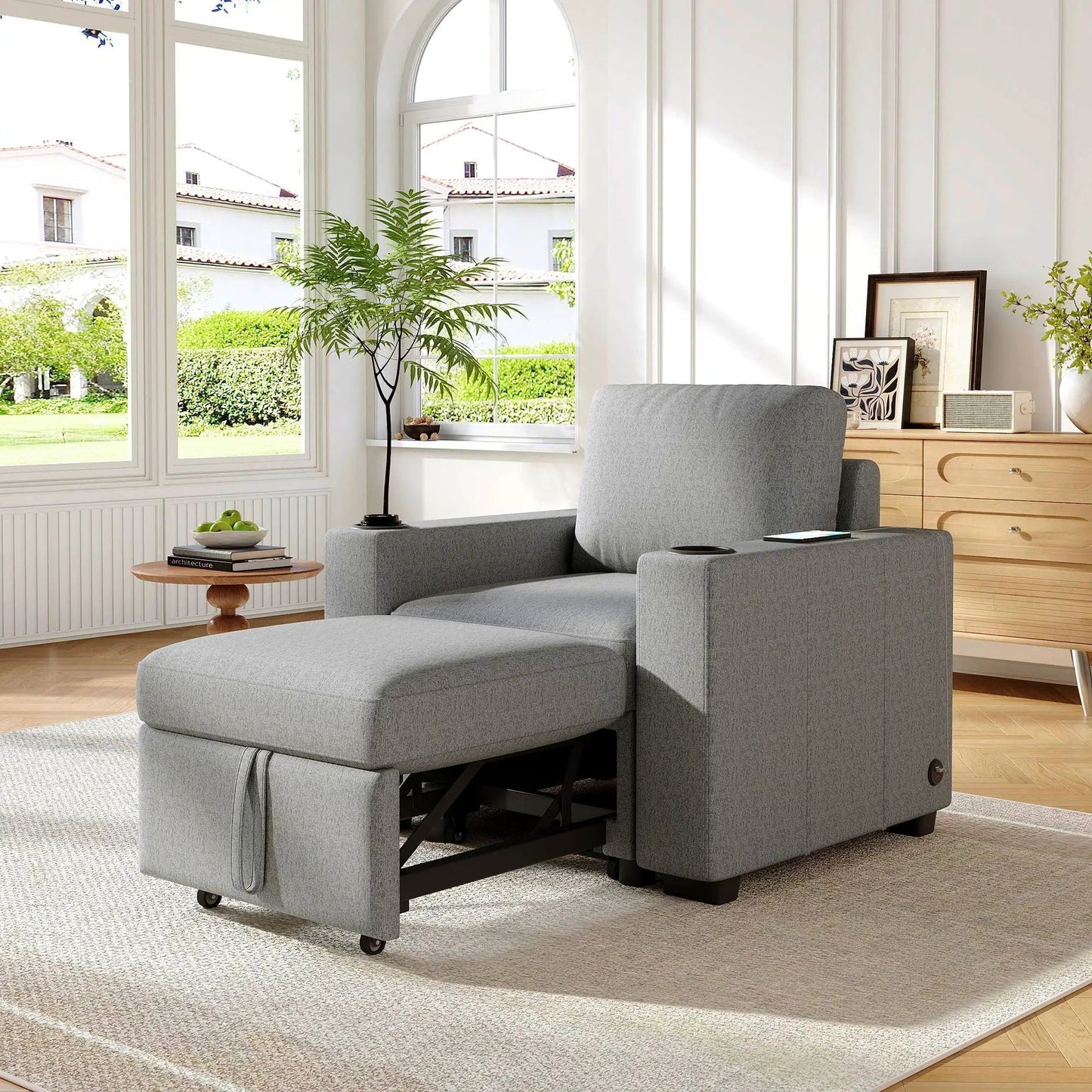 Single pull-out sofa bed sleeper chair in light gray fabric by Unique Piece Furniture on Tampa Home & Garden Store