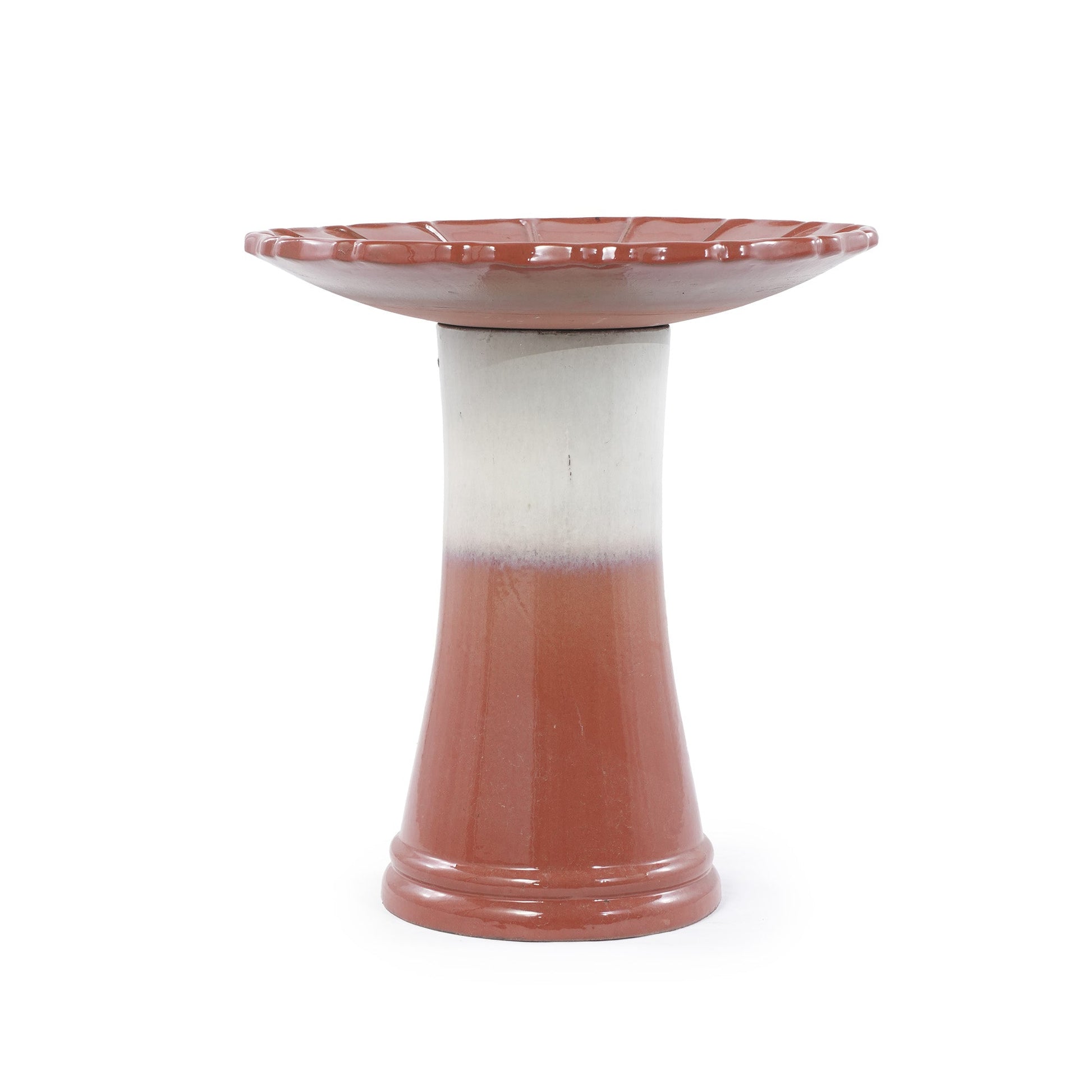Handmade glazed ceramic bird bath pink glaze on white pedestal by HouseOfZazla on Tampa Home & Garden Store