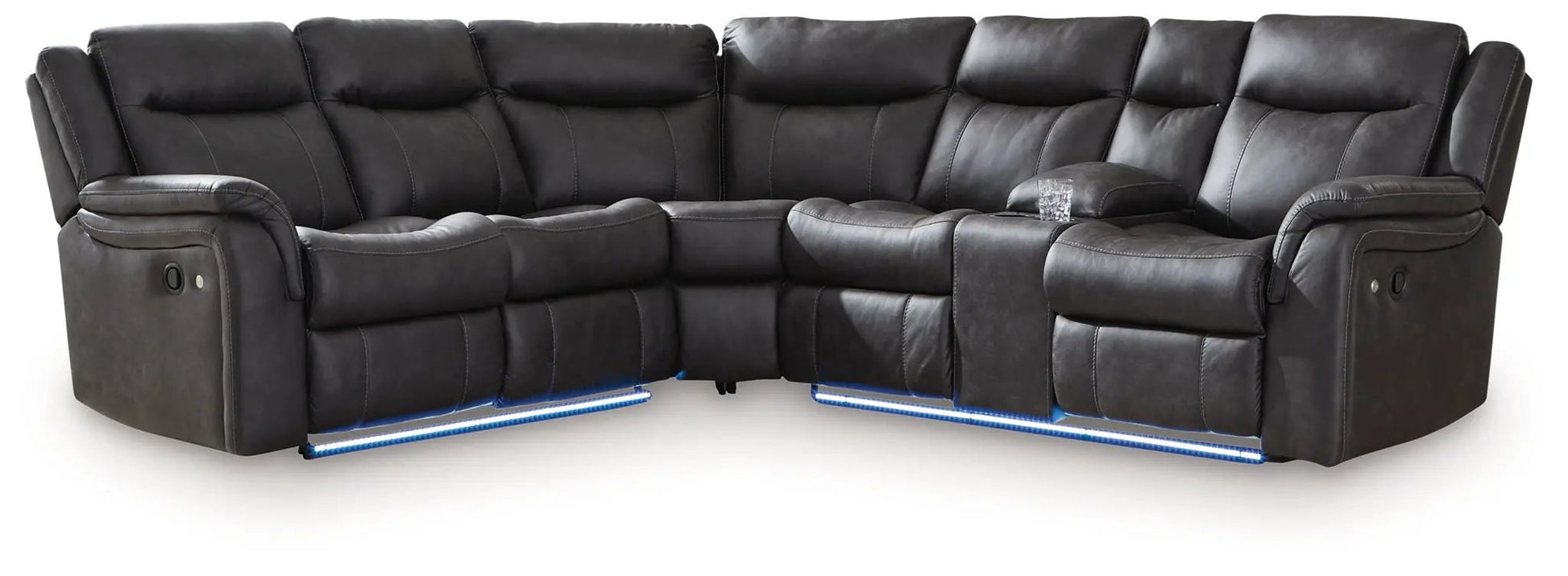Sultan Meadow 2-Piece Reclining Sectional carbon leather with blue LED accents and recline on Tampa Home & Garden Store